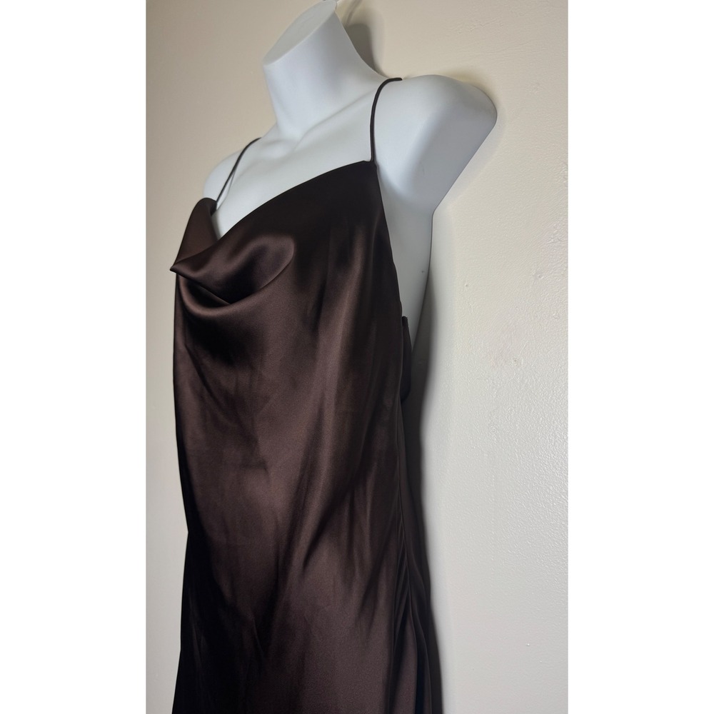 Line and Dot Brown Satin Cowl Neck Lace Slit Maxi Dress Small Open Back - Picture 5 of 12